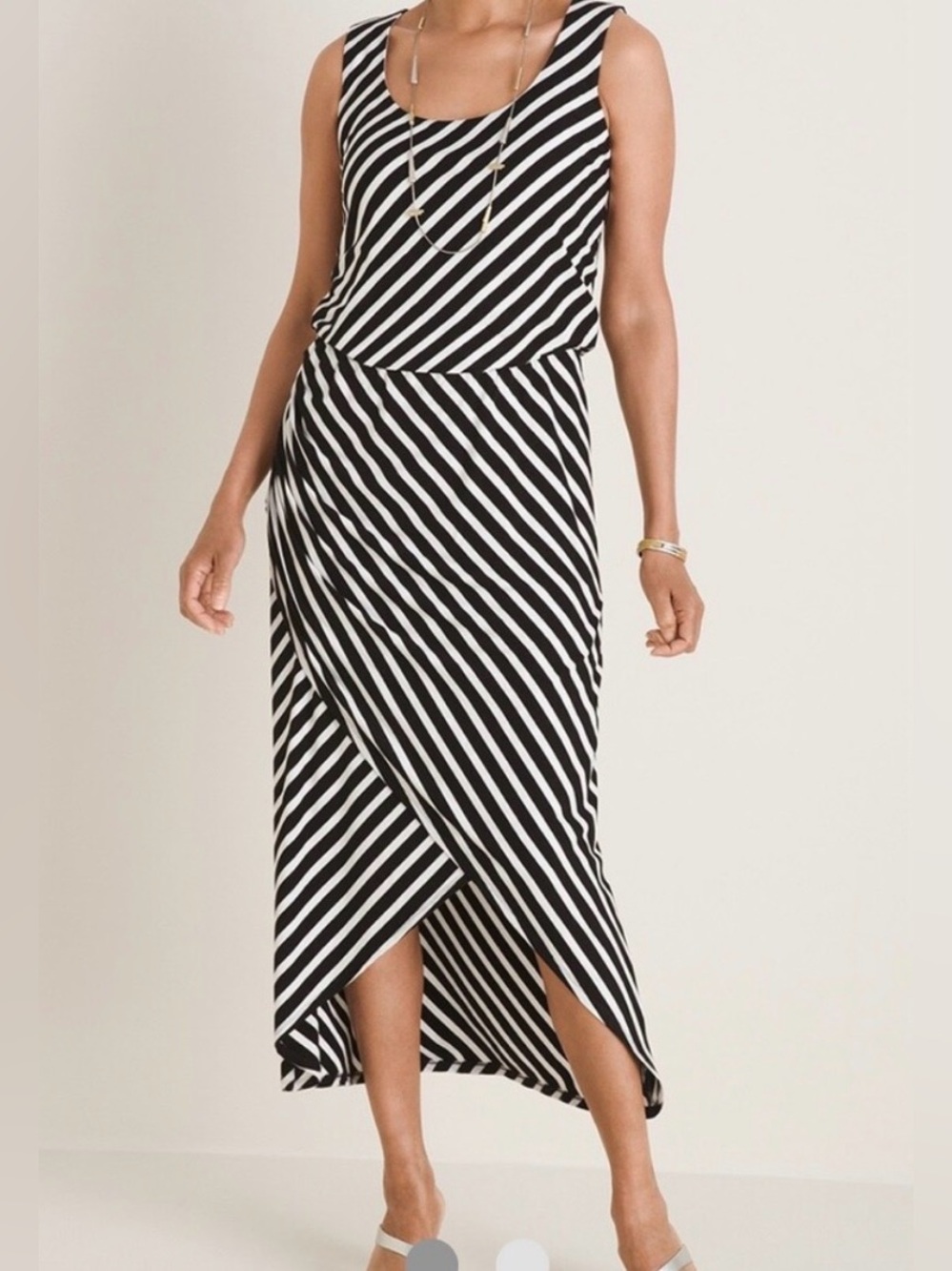 Chicos Maxi Dress Black White Striped Tiered Ruched Sleeveless Stretch Sz 0 4/6